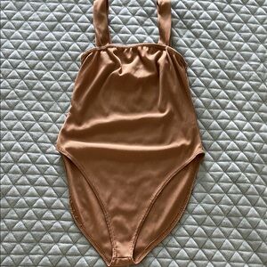 Boohoo Tan Ribbed Bodysuit